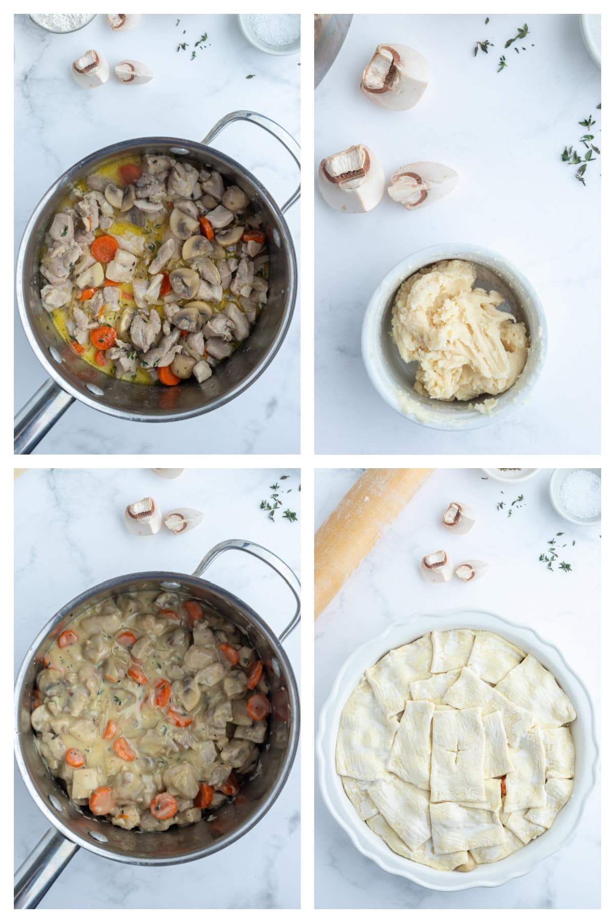 four photos showing how to make coq au vin pot pie