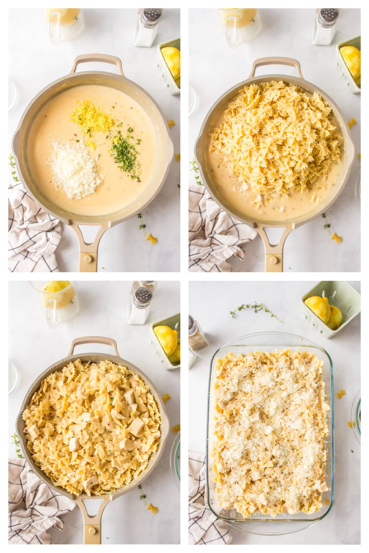 four photos showing how to make creamy lemon chicken pasta