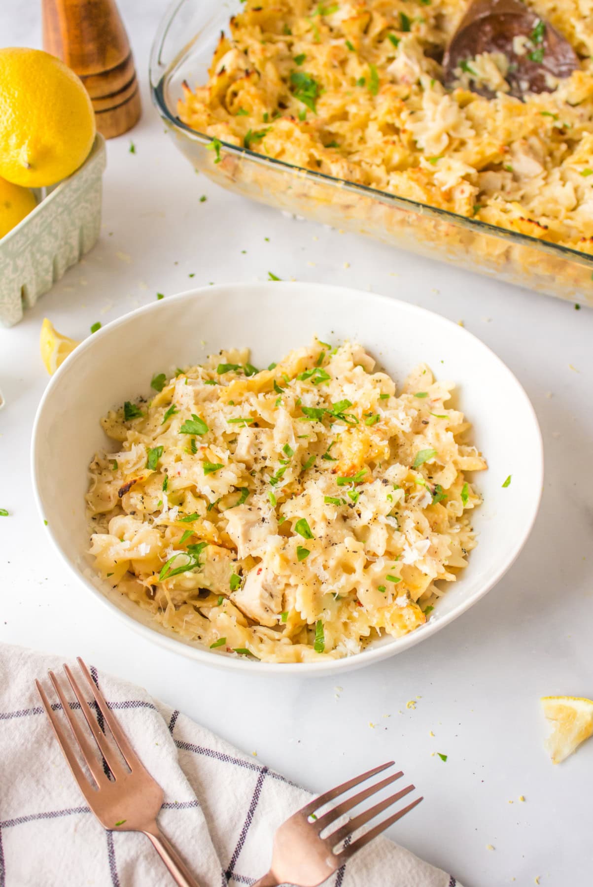 creamy lemon chicken pasta in a bowl