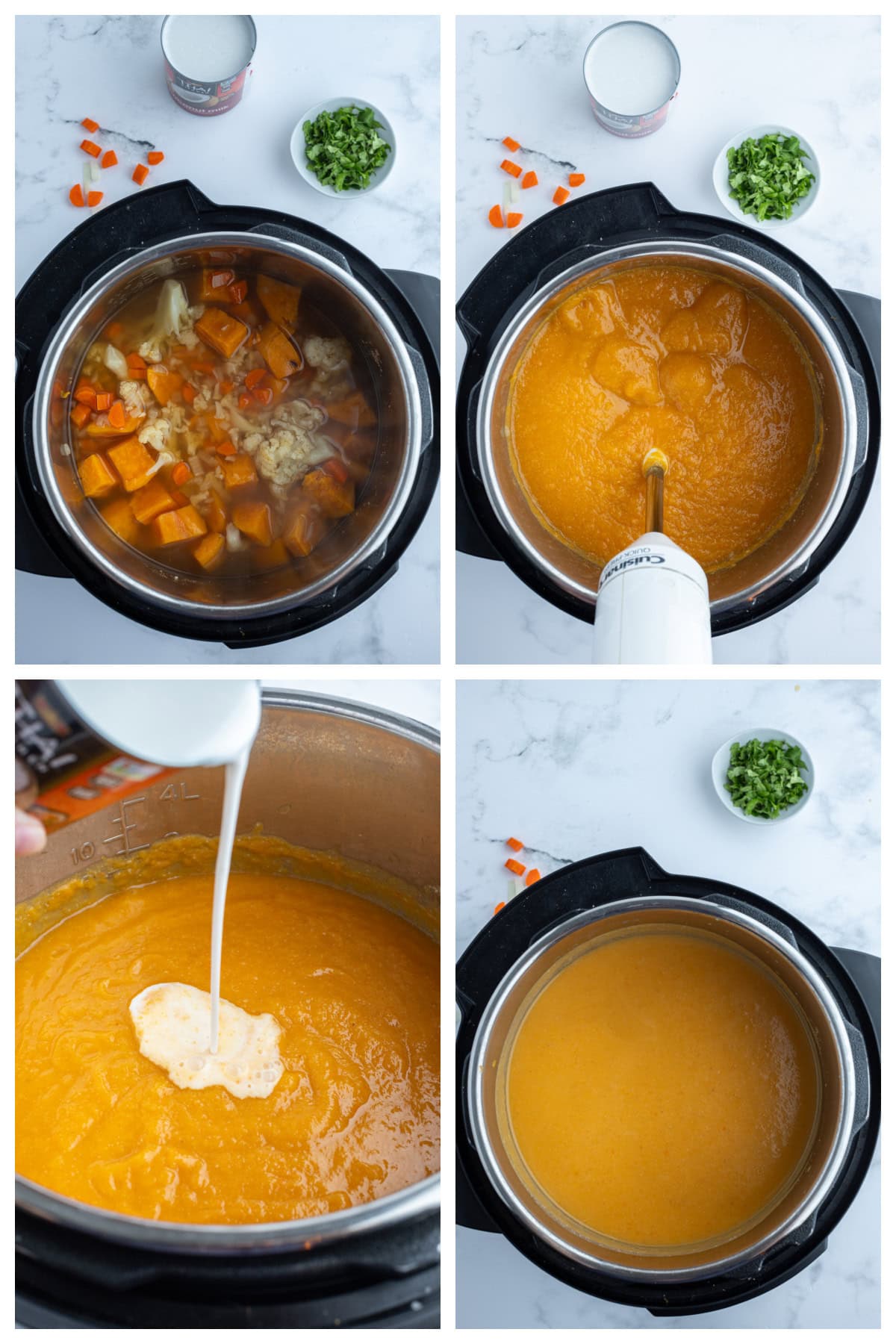 four photos sharing how to make instant pot cauliflower and sweet potato soup