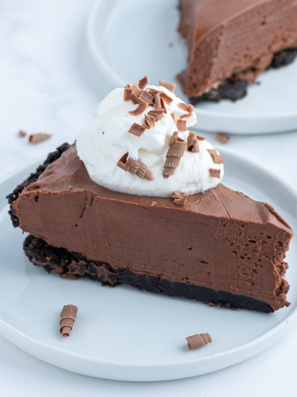 slice of no bake easy chocolate truffle pie on plate