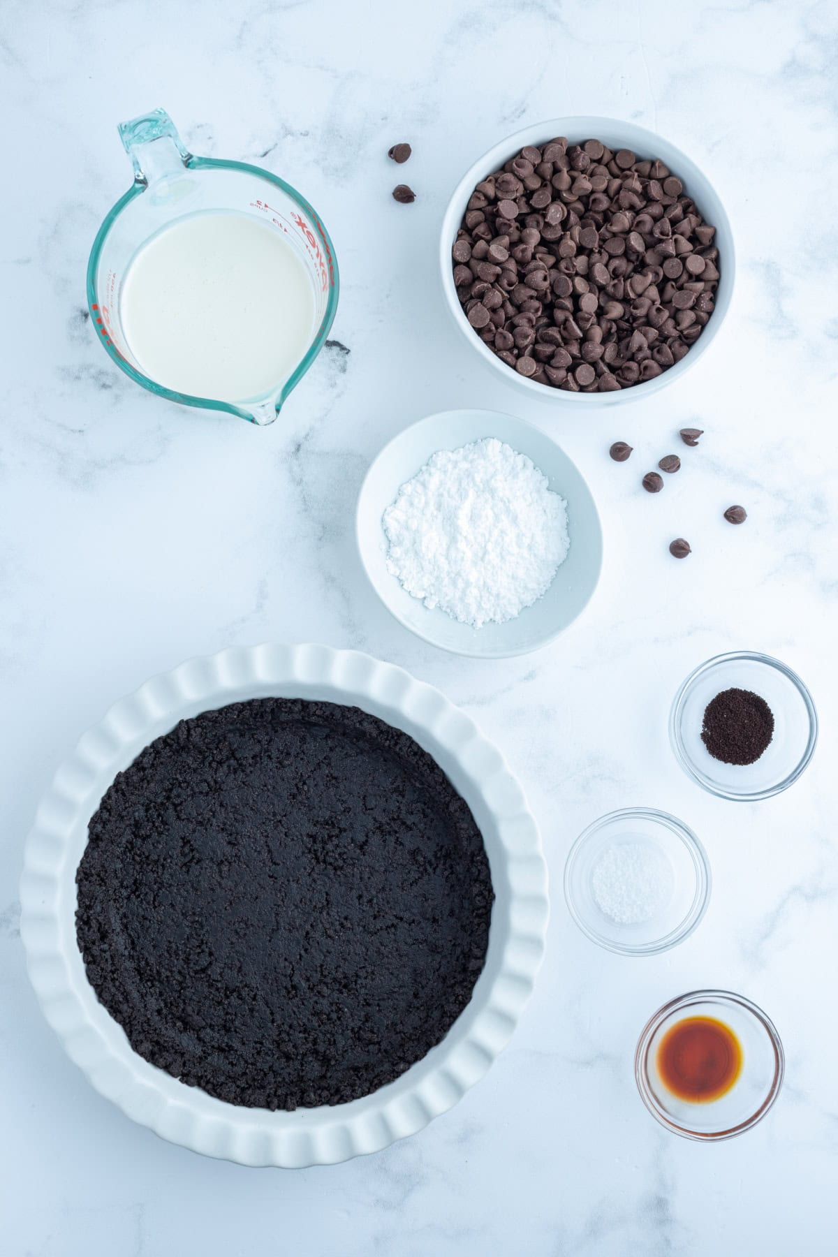 ingredients displayed for making no bake easy chocolate truffle pie