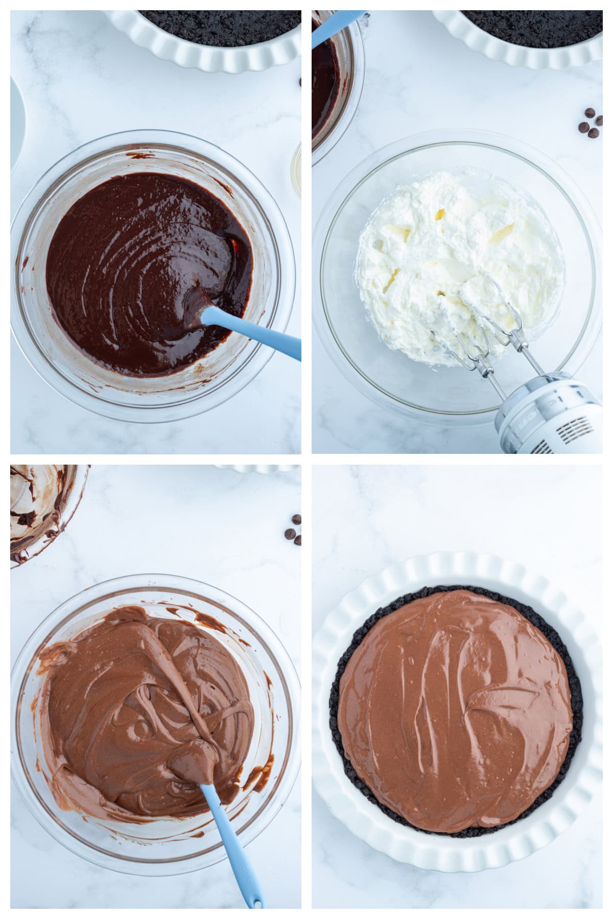 four photos showing how to make no bake easy chocolate truffle pie