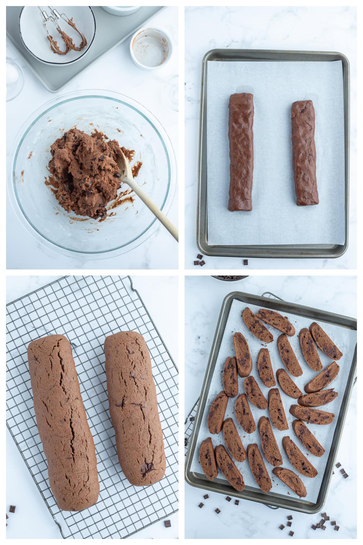 four photos showing how to make triple chocolate biscotti