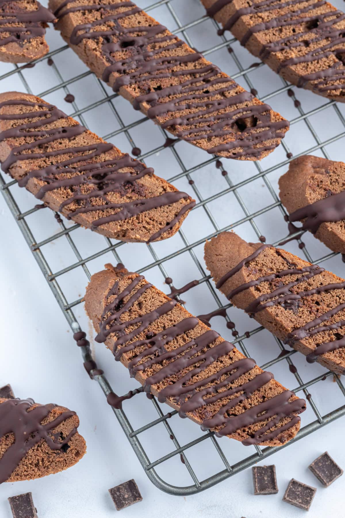 triple chocolate biscotti on cooling rack