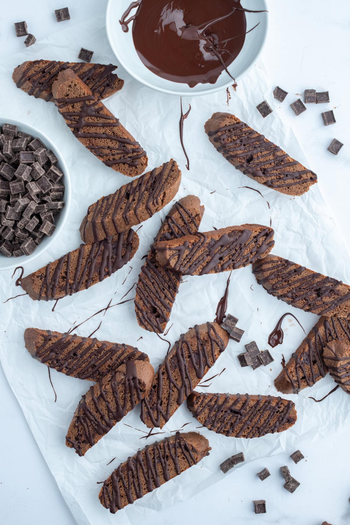 triple chocolate biscotti with bowl of chocolate chips