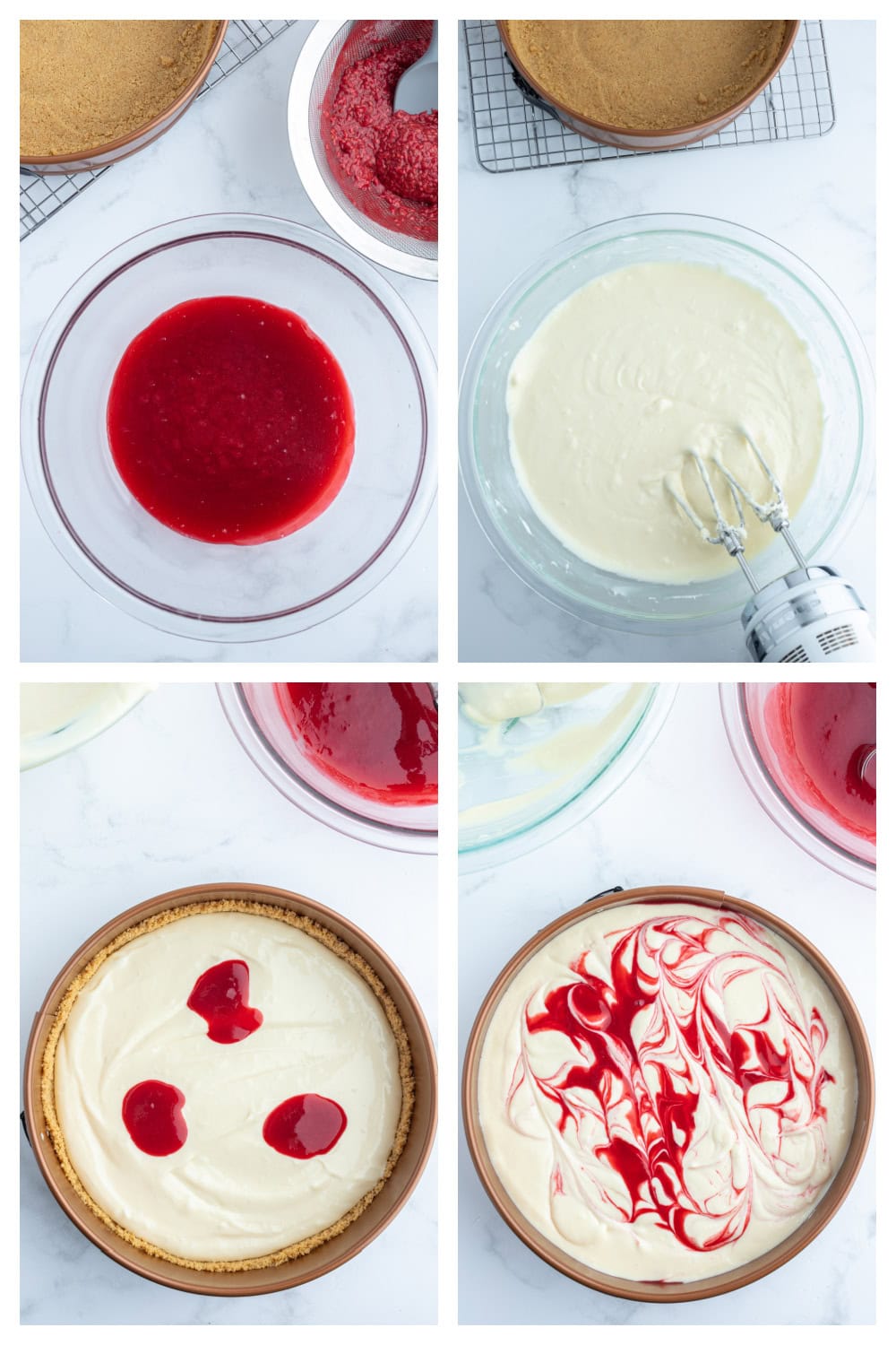 four photos showing how to make white chocolate raspberry cheesecake