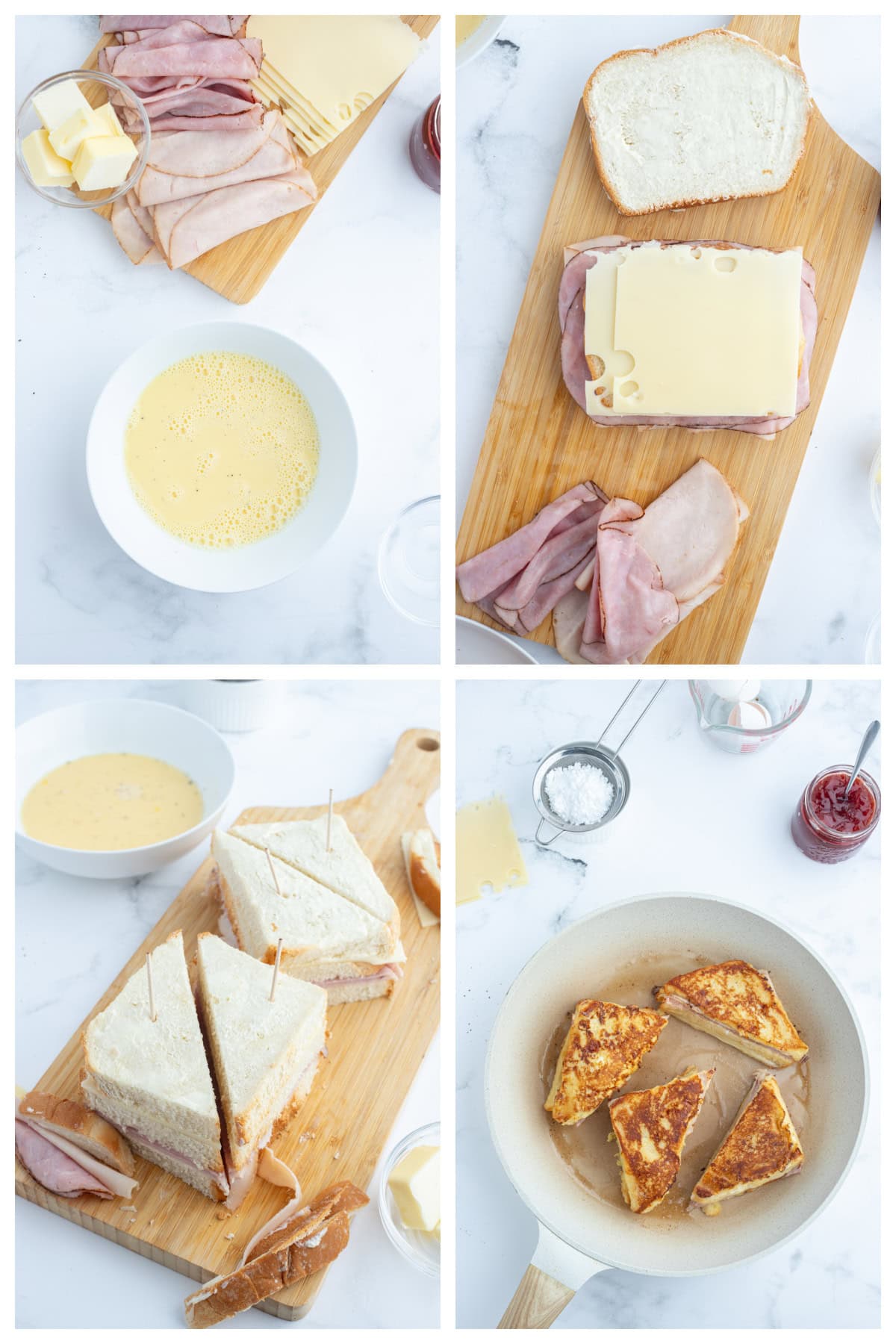 four photos showing how to make monte cristo sandwich