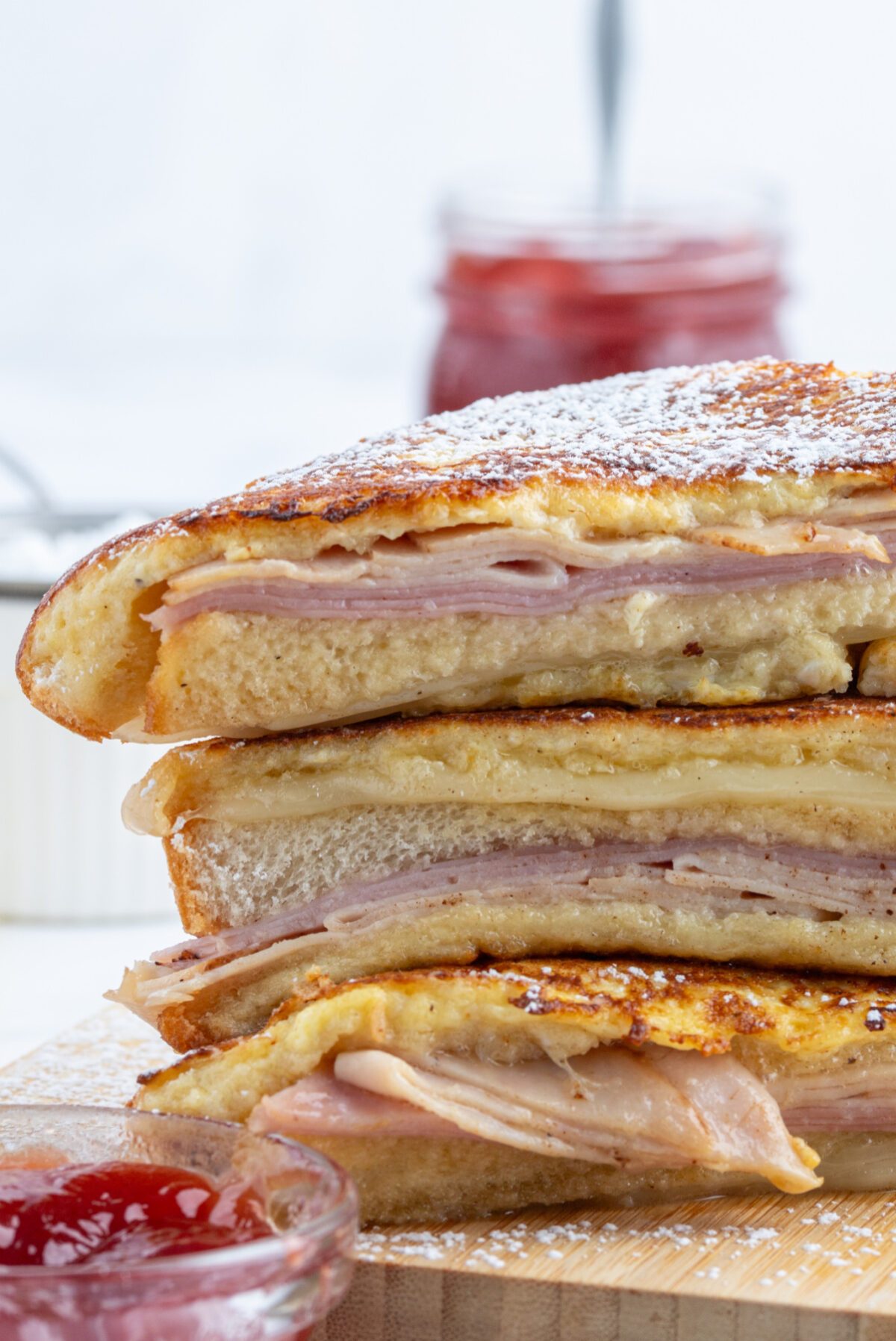 close up monte cristo sandwich halves