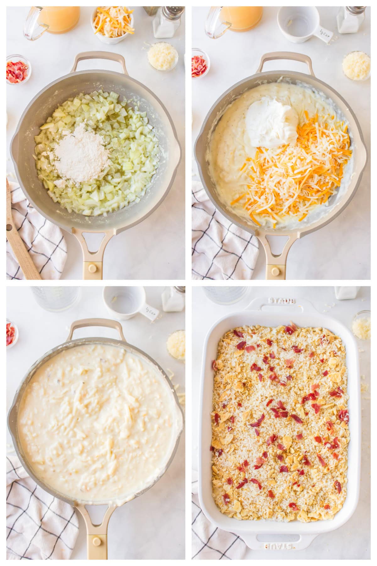 four photos showing how to make easy funeral potatoes