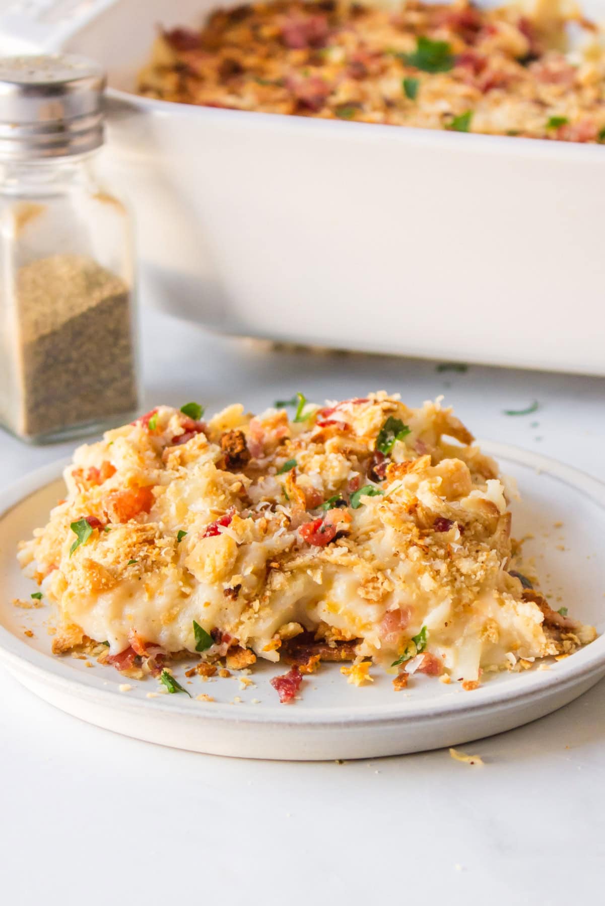 serving of funeral potatoes on dish