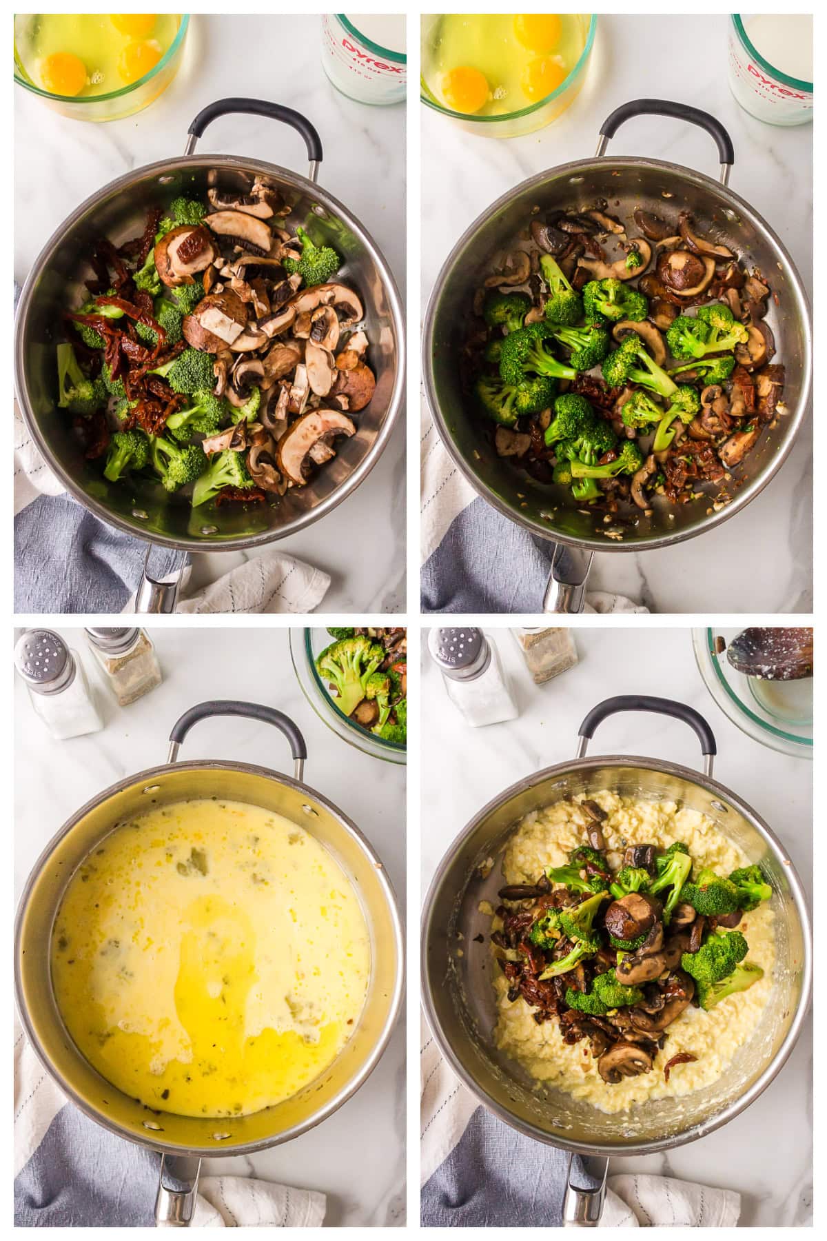 four photos showing how to make egg scramble