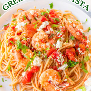 pinterest image for greek shrimp pasta