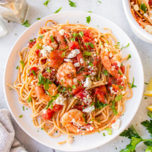 plate of greek shrimp pasta