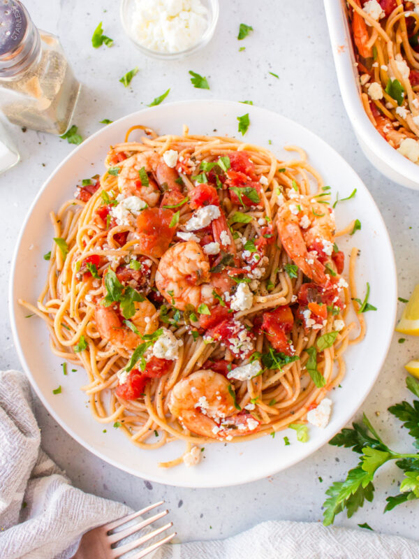 plate of greek shrimp pasta