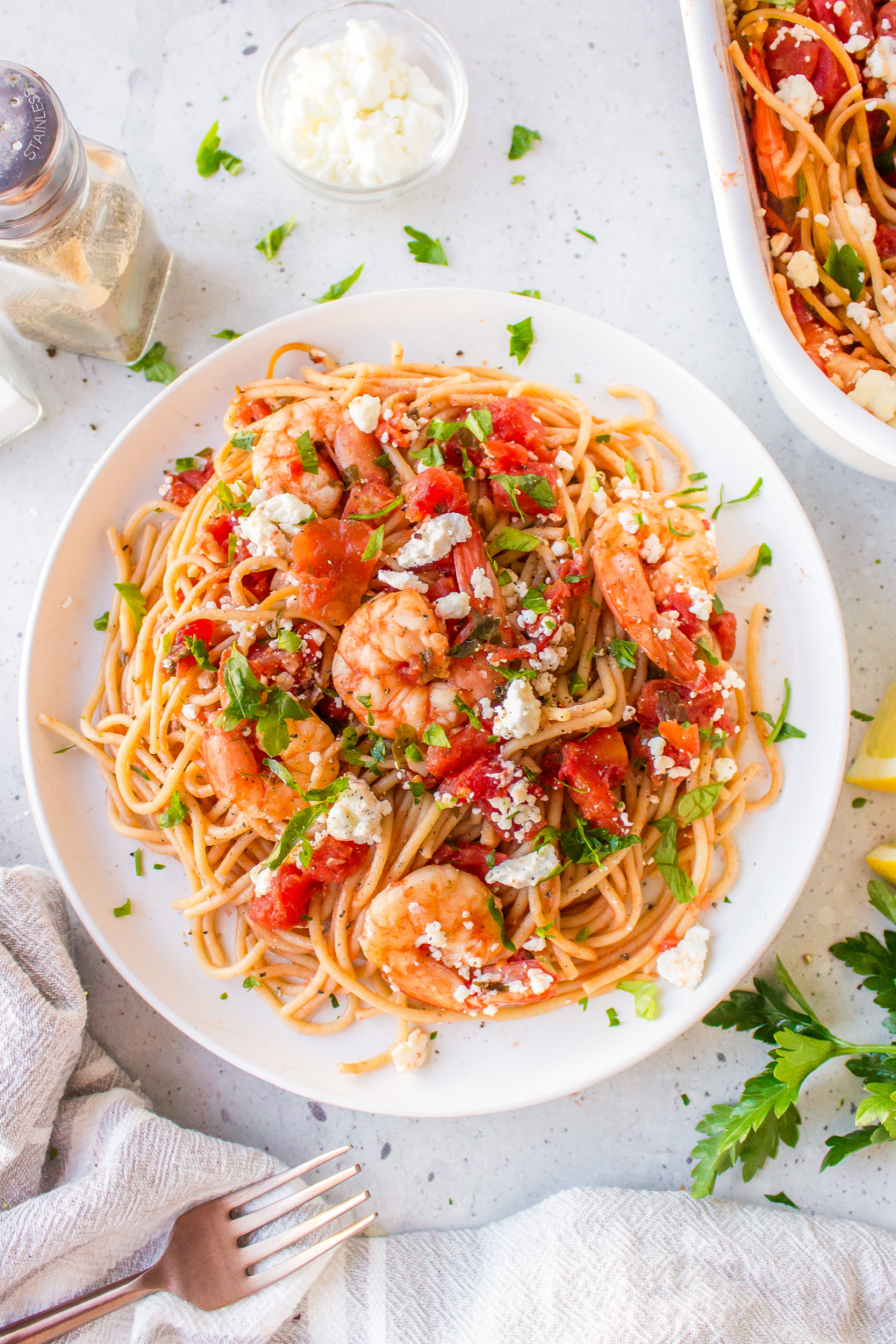 plate of greek shrimp pasta