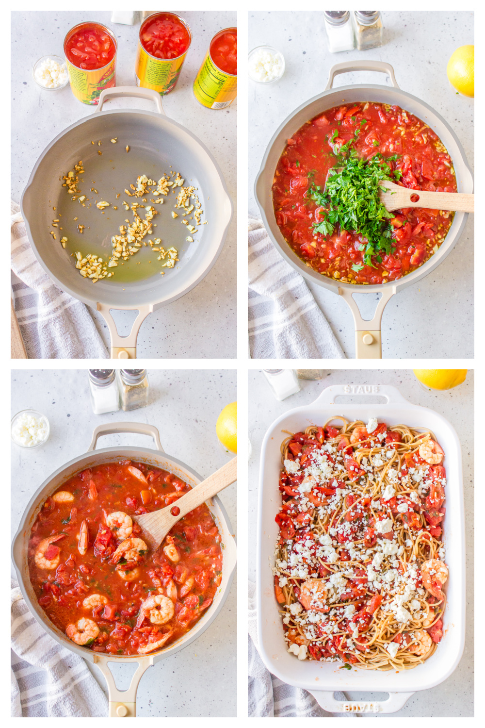 four photos showing how to make greek shrimp pasta