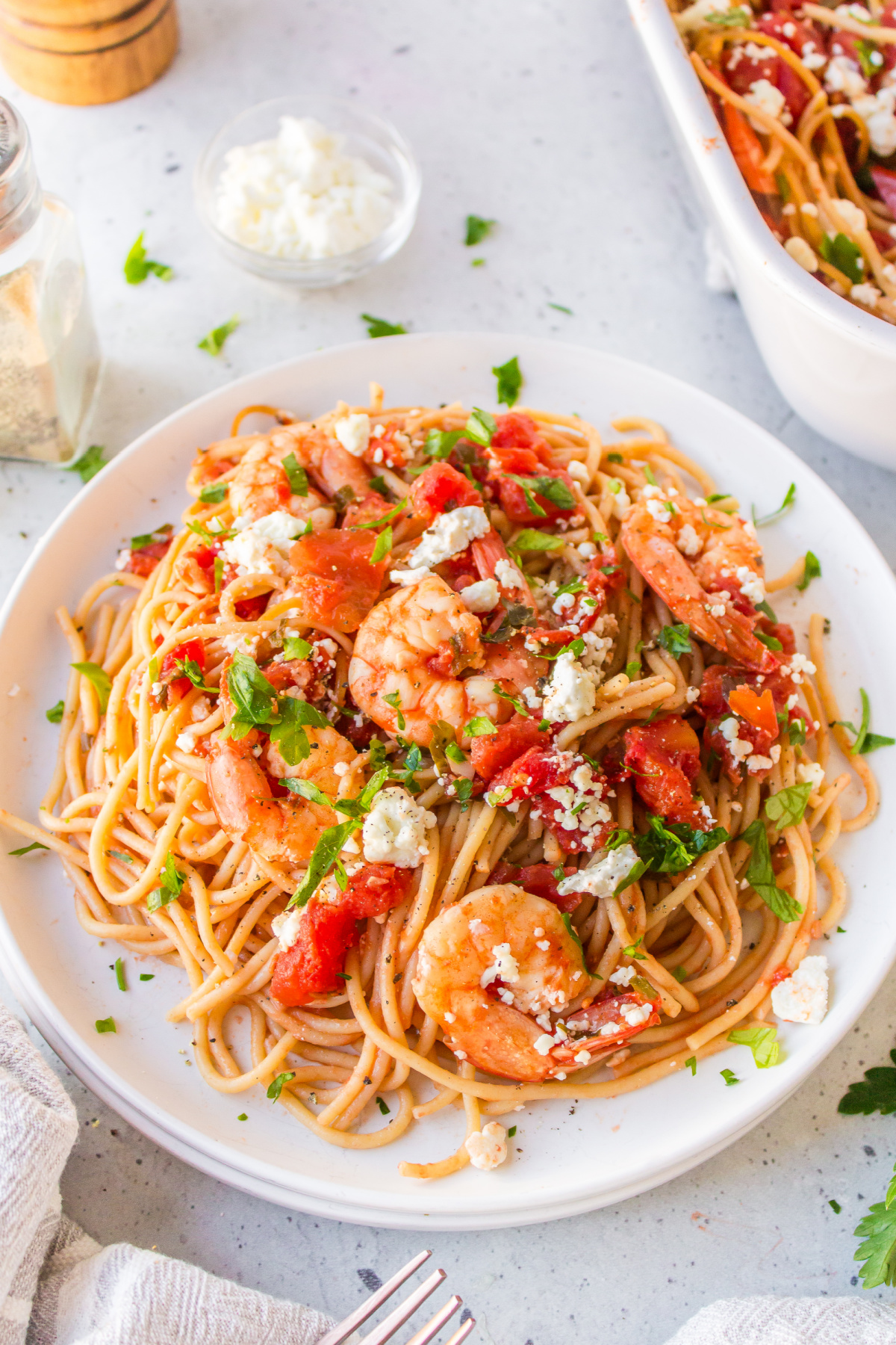 greek shrimp pasta on plate