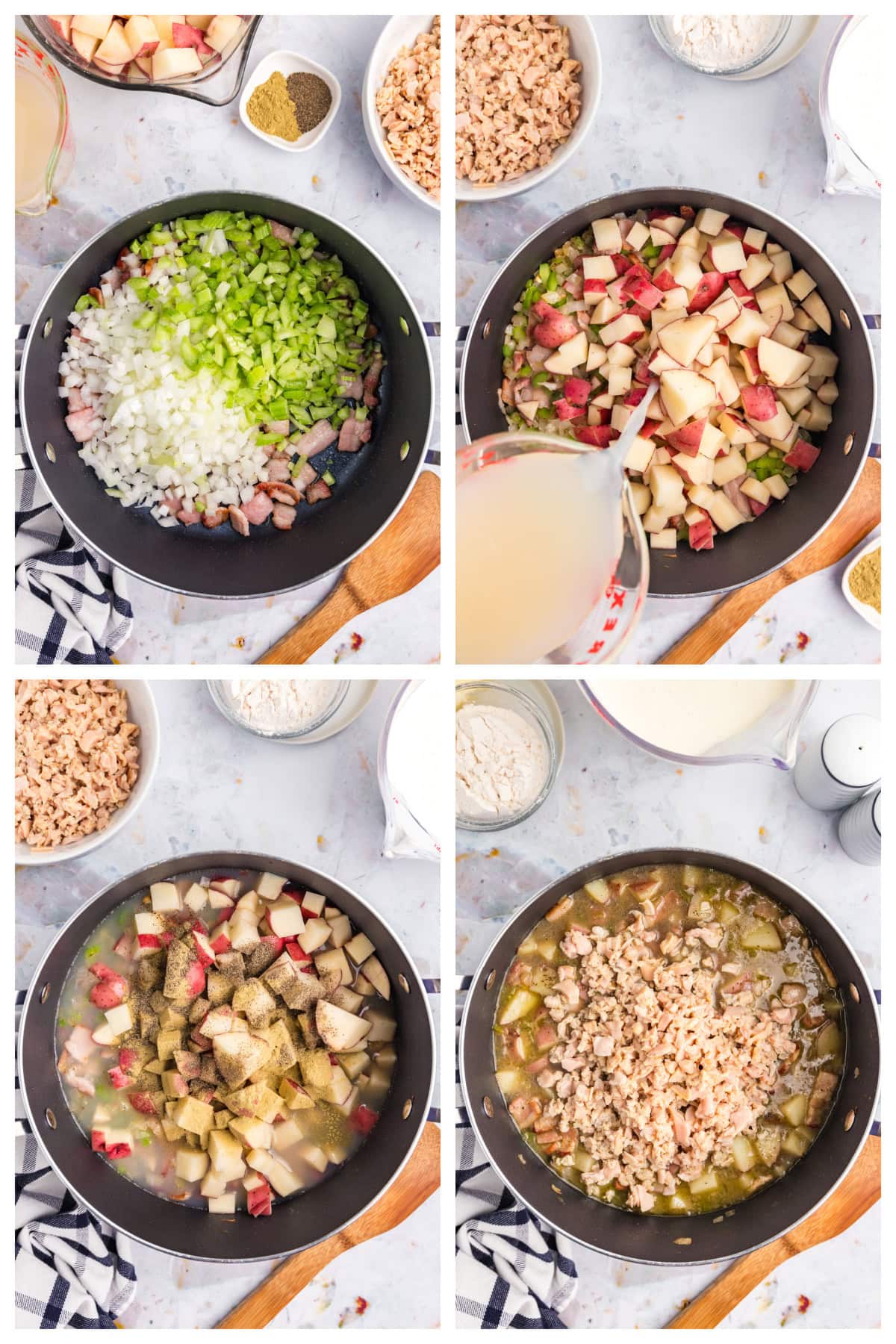 four photos showing how to make a clam chowder base