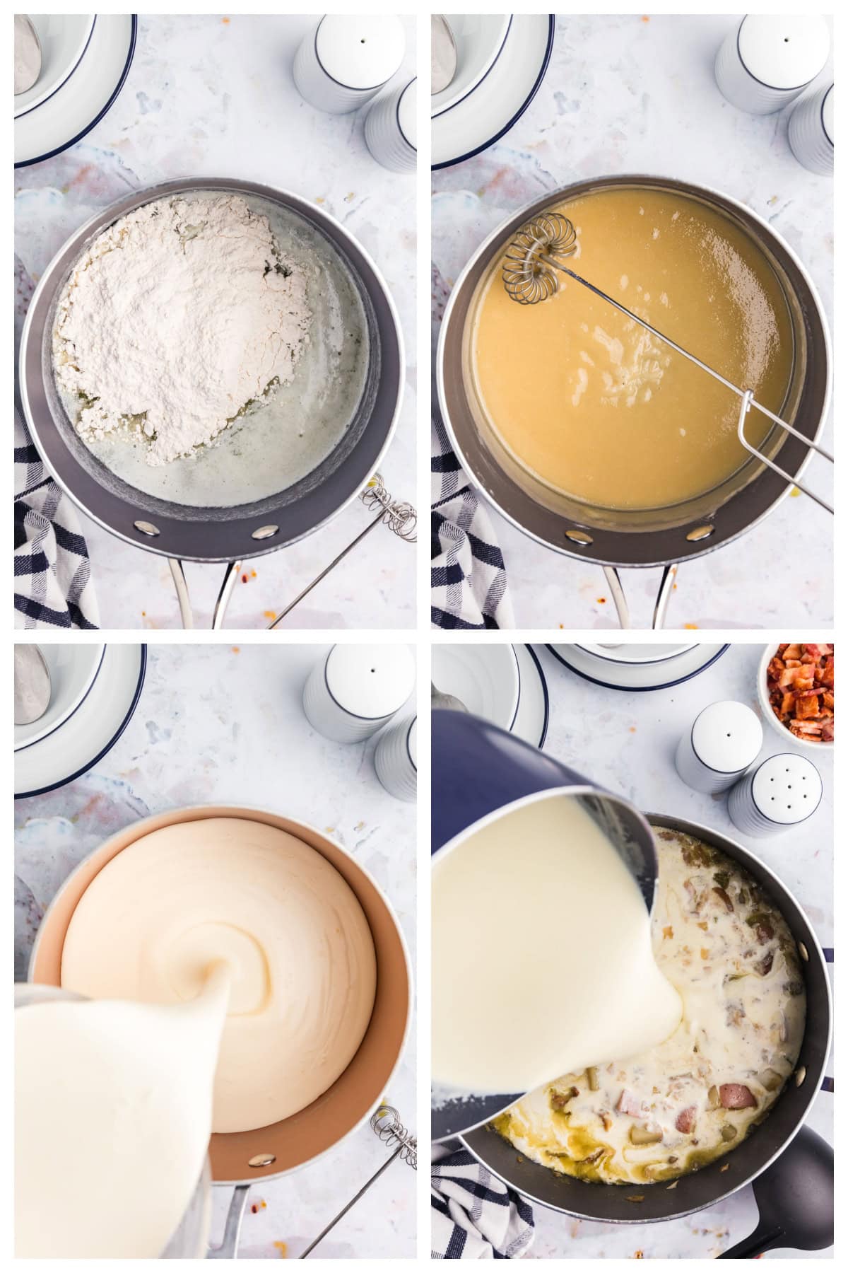 four photos showing how to make the roux for clam chowder