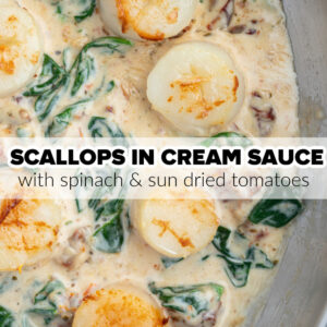 pinterest image for scallops in cream sauce