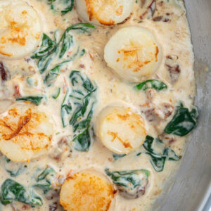 overhead shot of scallops in pan