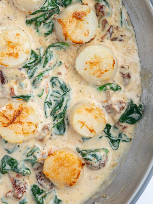 overhead shot of scallops in pan