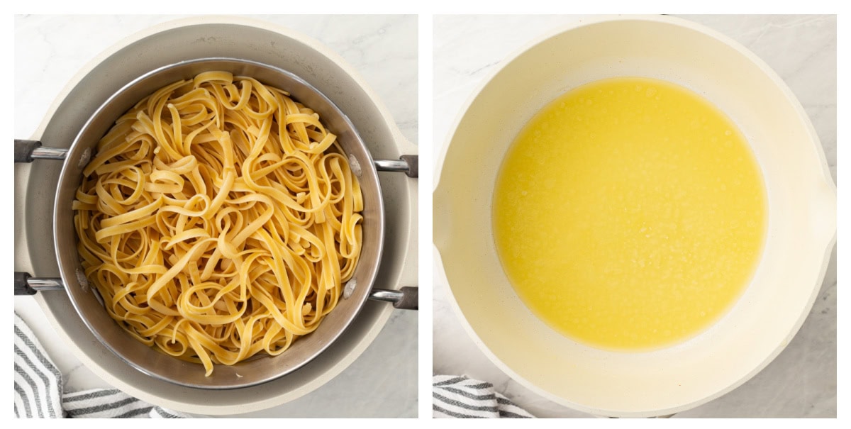 two photos shared showing pasta in pot and melted butter in pan