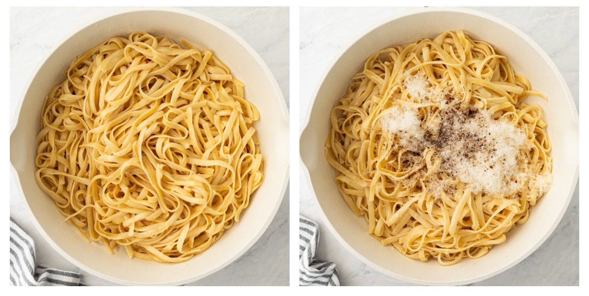 two photos showing pasta and butter in bowl and then added parmesan and salt pepper in next bowl