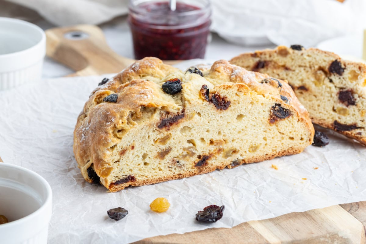 sweet irish soda bread cut open to see the inside