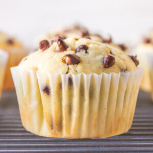 chocolate chip muffin on rack