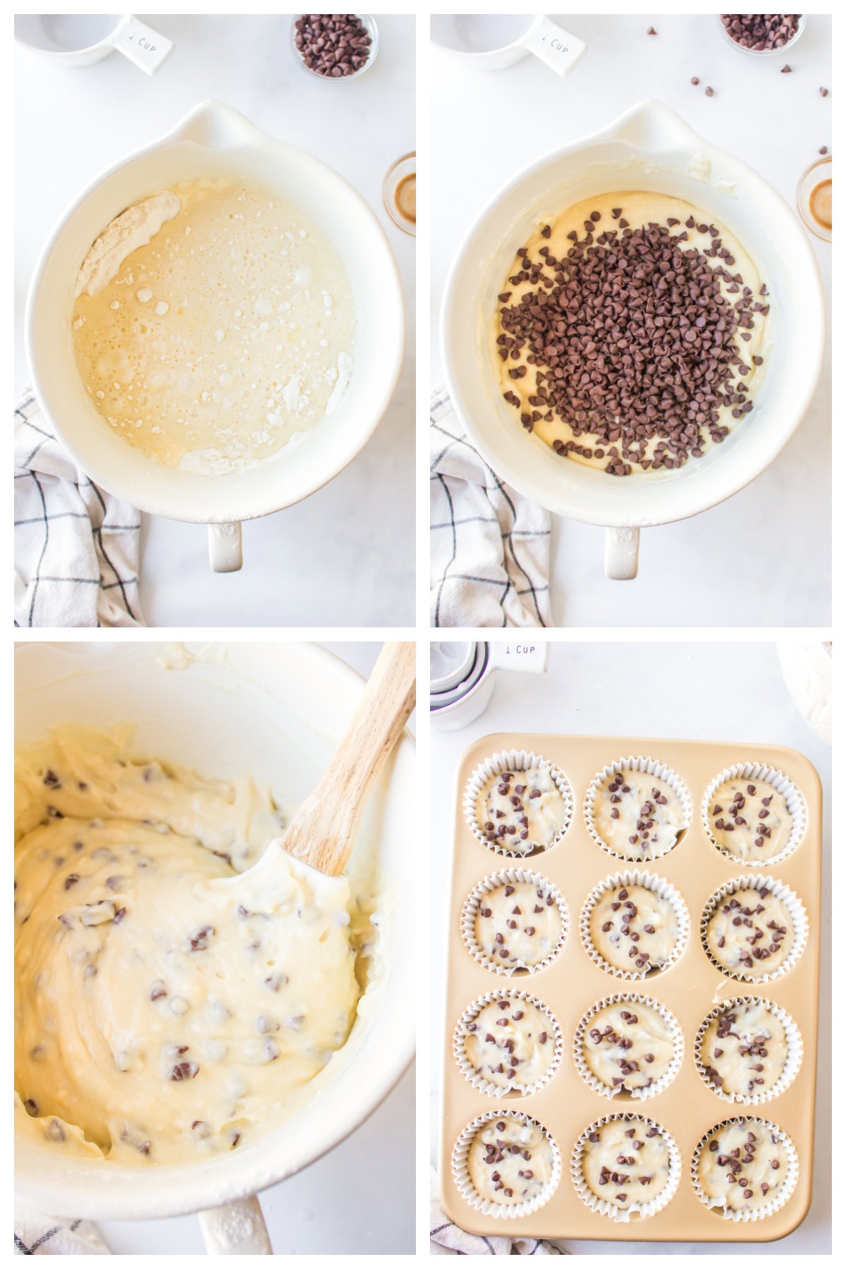 four photos showing how to make chocolate chip muffins