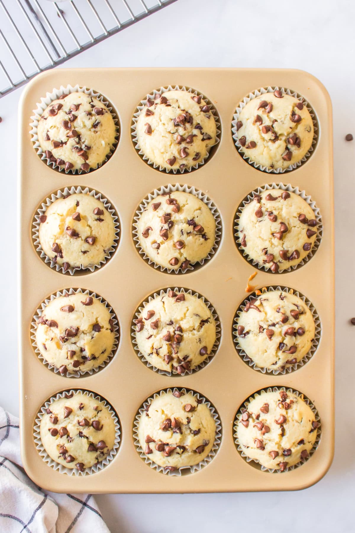 overhead shot of chocolate chip muffins in muffin pan