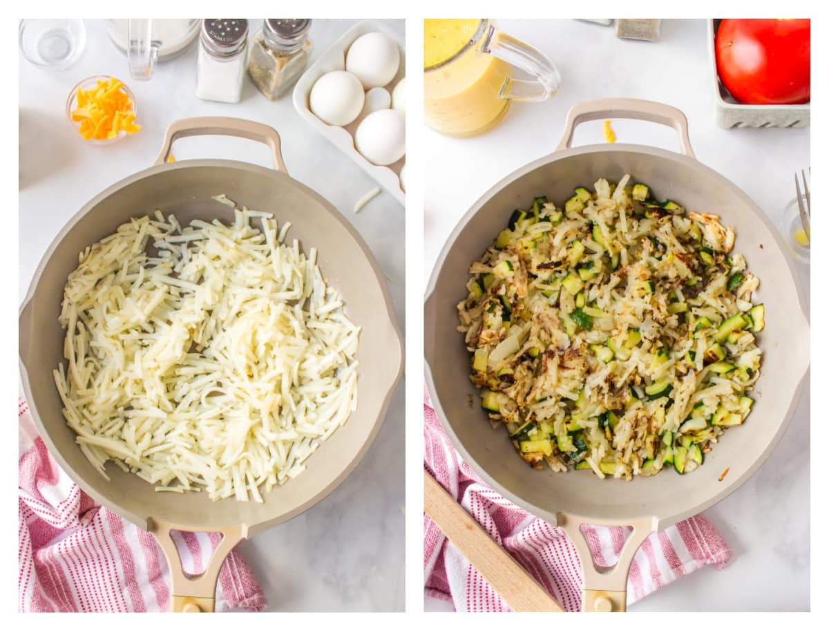 two photos showing hash browns in pan and then veggies in pan