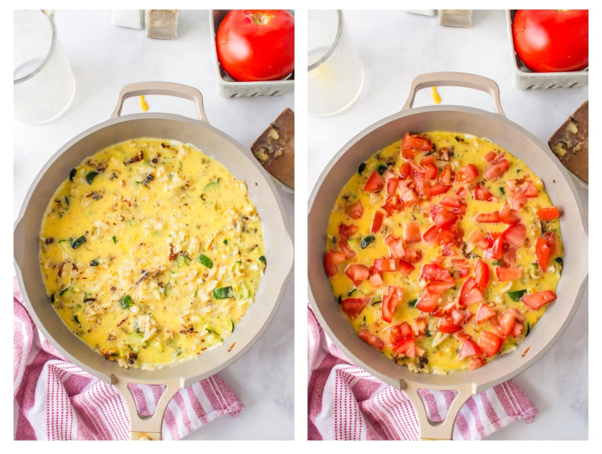 two photos showing how to make hash brown frittata