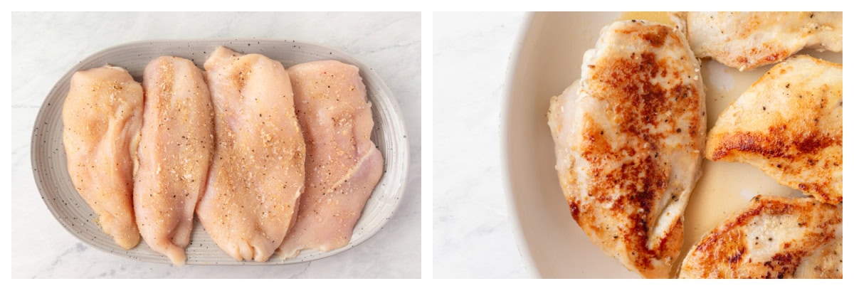 two photos showing chicken breasts on plate and then cooked in skillet